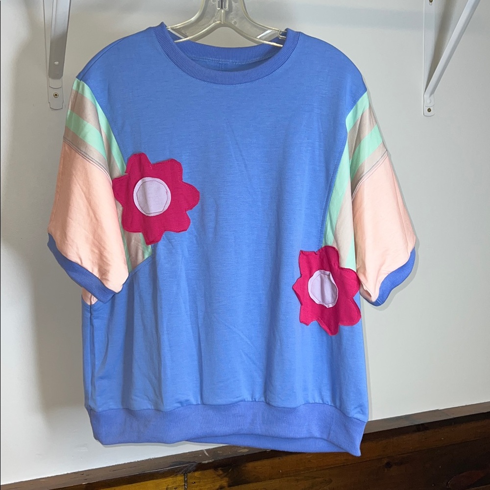 Amazon Color Block Short Sleeve Shirt Floral Patchwork Top Crew Neck Oversized-M